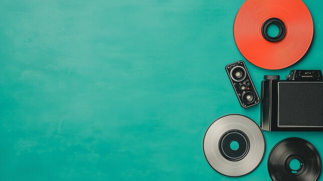 Exploring music and photography vintage vinyl records and camera on teal background
