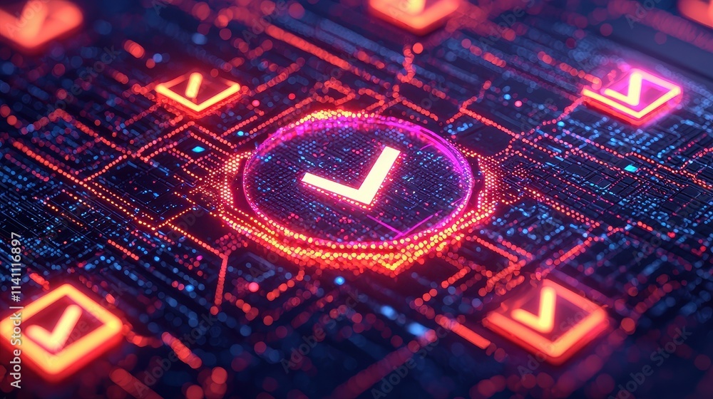 Poster digital check mark on futuristic circuit board background