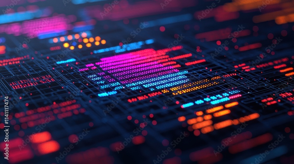 Poster abstract digital data visualization with vibrant color patterns and lines