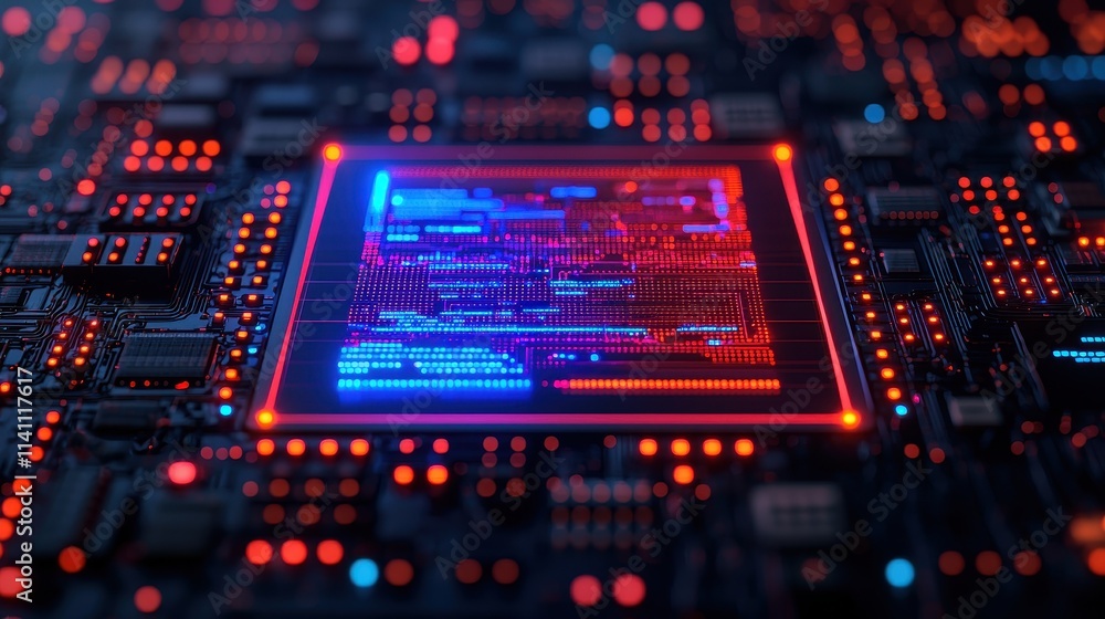 Aufkleber abstract circuit board with neon lights and glowing microchip design
