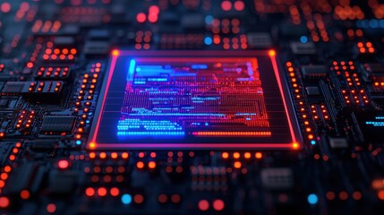 Obraz premium Abstract Circuit Board with Neon Lights and Glowing Microchip Design