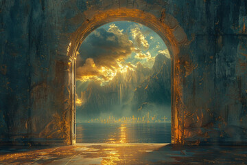 Classical painting style - a door in a dark cave opening to reveal a bright fantasy cityscape - Wonder, amazement , 