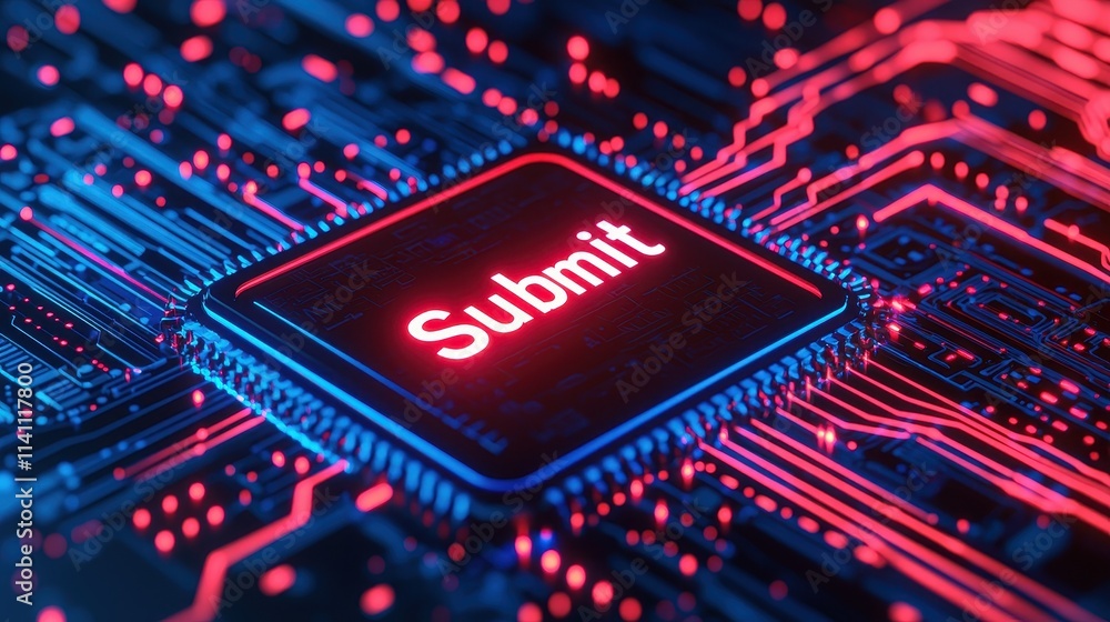Poster glowing submit button on circuit board technology background