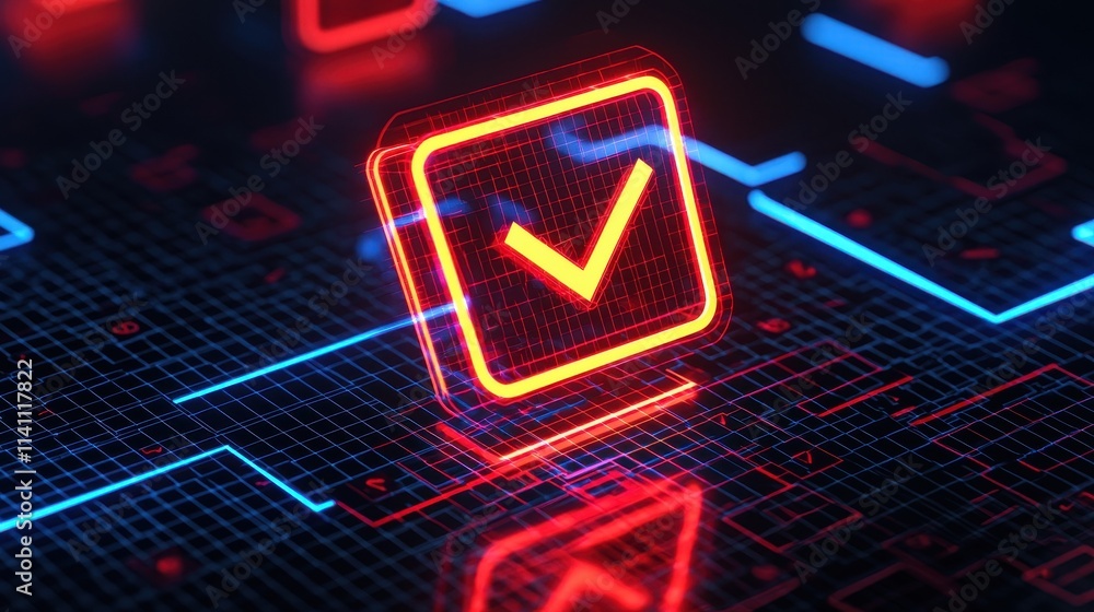 Poster neon checkmark icon in digital circuit background with glowing effects