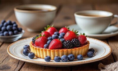 Delicious berry tart with coffee