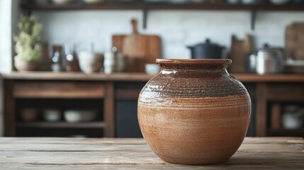 Rustic Clay Pot on Wooden Table in Modern Kitchen Setting