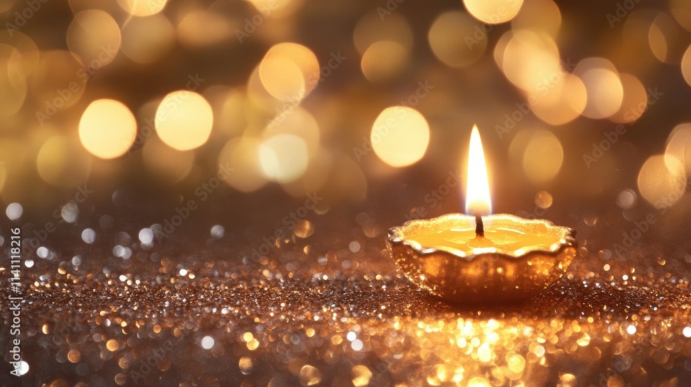 Poster illuminated candle with sparkling background and warm bokeh lights