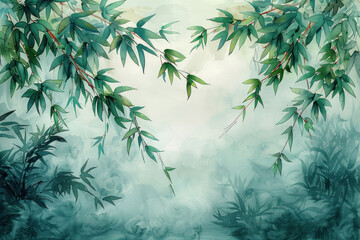 Bamboo trees hand drawn with ink in traditional Chinese painting,.   