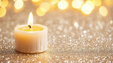 Elegant White Candle Glowing Softly Against Sparkling Background