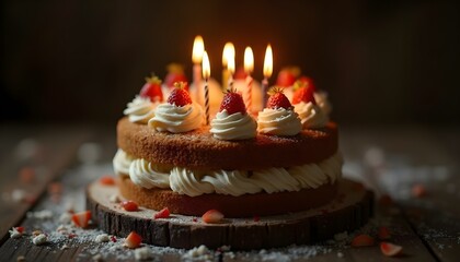 Torta de cumpleaños con fondo oscuro, decoración dulce y festiva