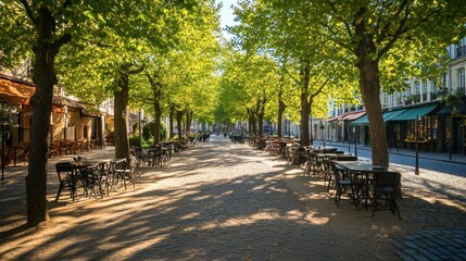 Serene Tree-Lined Street with Outdoor Cafes Under Bright Sunshine