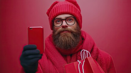 A man in a red beanie and glasses holds a red phone and shopping bags against a red background.