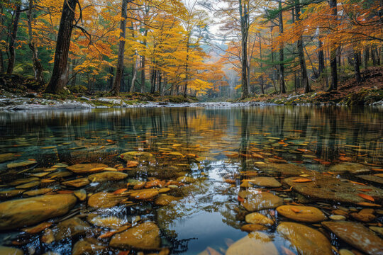 picturesque autumn landscape. In front of us is a river with clear water, at the bottom of which round stones are visible 