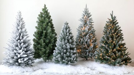 Festive Display of Various Christmas Trees with Snow Decor