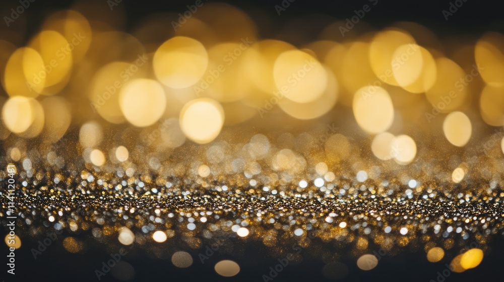 Poster shimmering gold lights with soft bokeh effect across a dark background