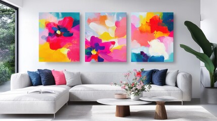 Stylish modern living room interior featuring colorful abstract paintings on the wall, cozy furniture, and contemporary decor