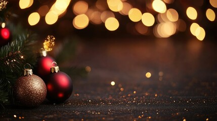 Fototapeta premium Festive Christmas Ornaments on Pine Tree with Warm Bokeh Background