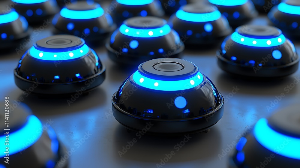 Poster futuristic glowing black dome devices arranged in rows on a light surface.