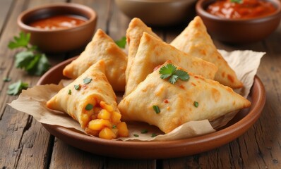 Delicious vegetarian samosas on a plate