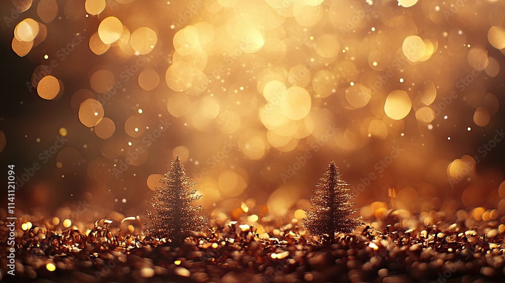 Poster glittering christmas scene with tiny trees and soft bokeh lights