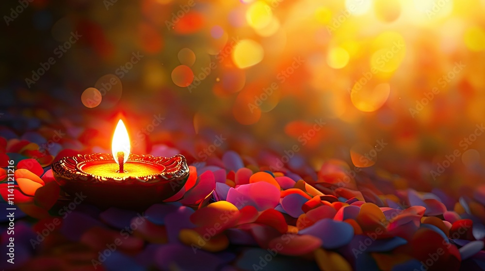 Poster illuminated candle on colorful petals with soft bokeh background