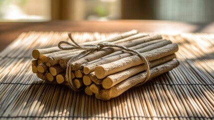 Naklejka premium Bundle of Natural Wood Sticks Tied with String on Rustic Surface