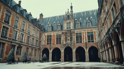 Obraz premium Snowy Winter Scene in Historic Courtyard of French Building