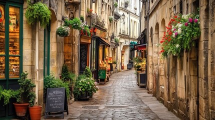 Fototapeta premium Charming European Cobblestone Street with Flowered Facades