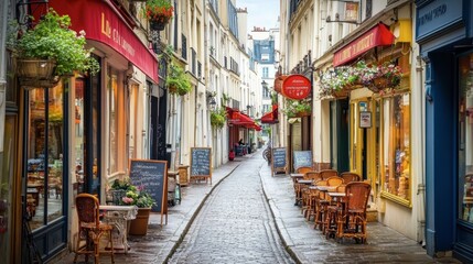 Fototapeta premium Charming Parisian Street with Cafes and Flower Baskets