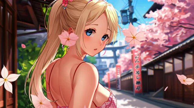 Enchanting Japanese alleyway blonde girl in sundress, animestyle illustration.