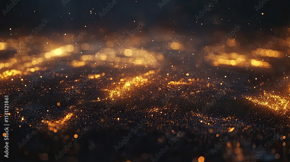 Poster sparkling particles glimmering in dark environment with soft light