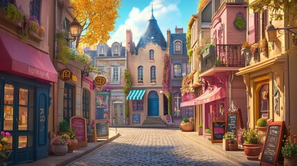 Naklejka premium Charming European Street with Colorful Buildings and Autumn Trees