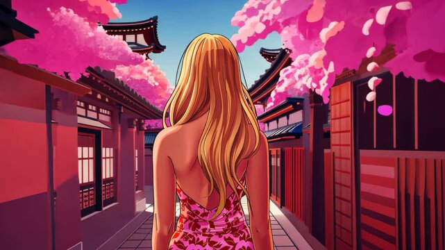 Enchanting Japanese alleyway blonde girl in sundress, animestyle illustration.