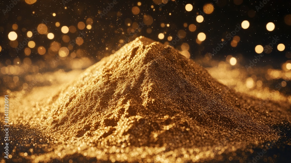 Poster close-up view of glittering gold dust with bokeh effect background