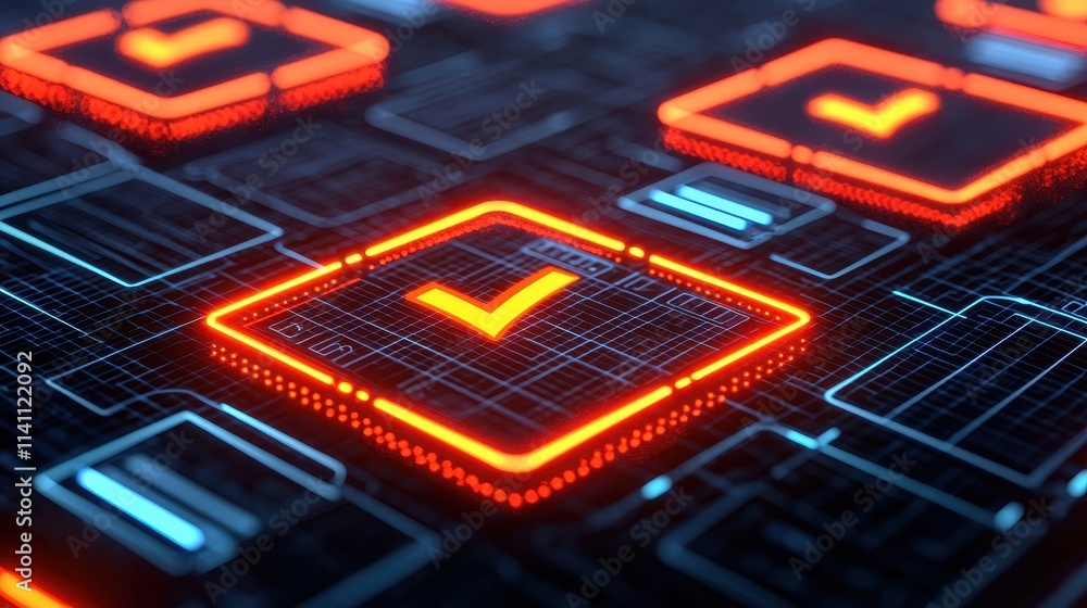Poster Digital Checkmark Icons on Abstract Circuit Board Background