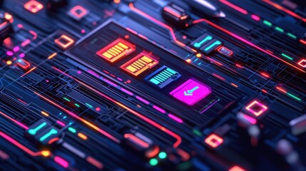 Fototapeta premium Futuristic Circuit Board with Neon Lights and Digital Patterns