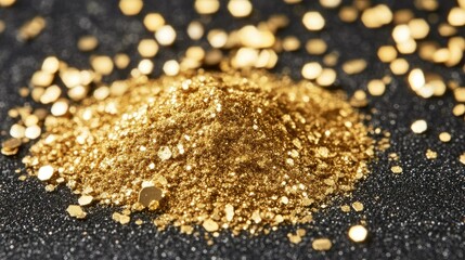 Golden Glitter Pile on Dark Surface Sparkling Brightly and Shimmering