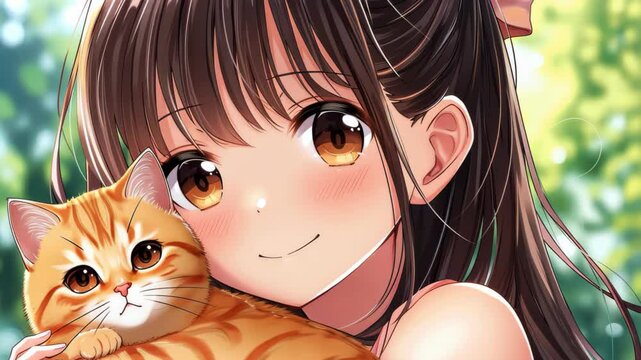 Adorable anime girl holding a smiling cat, charming and cute illustration in manga style.