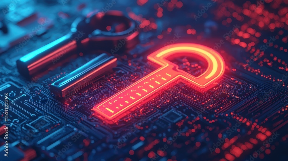Poster neon key and lock symbol on circuit board background for security
