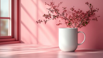 A white mug with small pink blossoms sits on a pink surface, bathed in sunlight near a window.