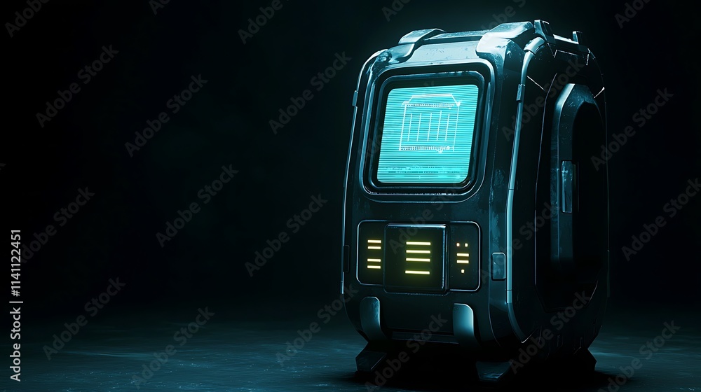Poster Futuristic device with glowing screen displaying battery icon in dark background.