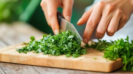 Experience the vibrant colors and textures of fresh herbs being chopped with precision on a rustic wooden board.
