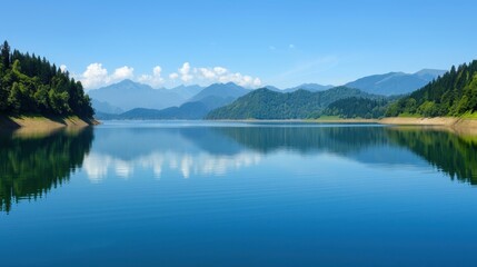 Naklejka premium Discover serene lakes and lush forests nestled among majestic mountains. A perfect escape for nature lovers and travelers.