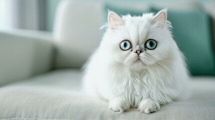 Obraz premium A fluffy white Persian cat lounges gracefully on a cozy sofa, basking in the warm glow of sunlight by the window.