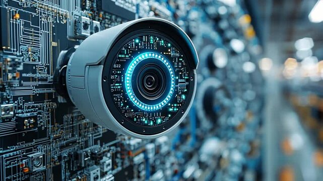 Modern surveillance camera on electronic circuitry background in a high-tech facility