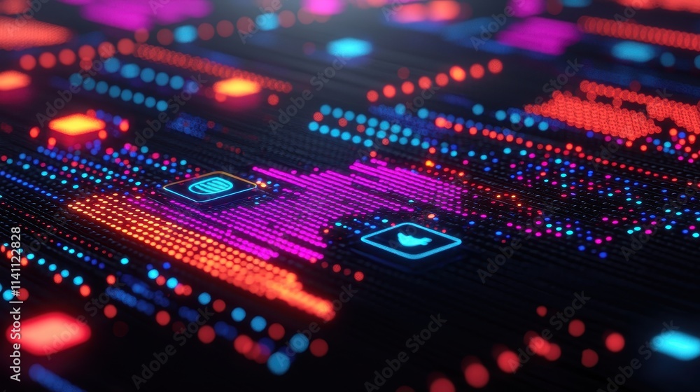 Poster colorful digital network with neon lights and data patterns