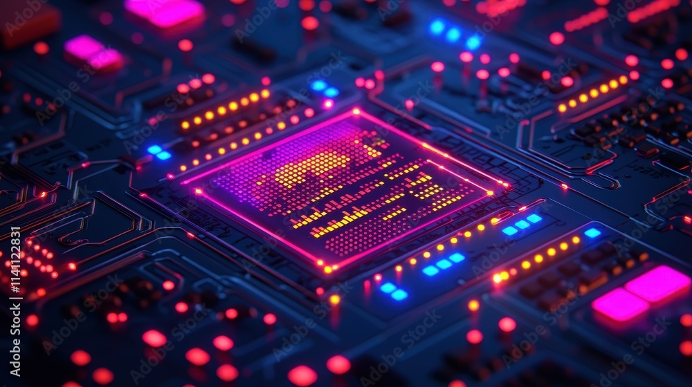 Poster futuristic circuit board design with neon colors and digital patterns