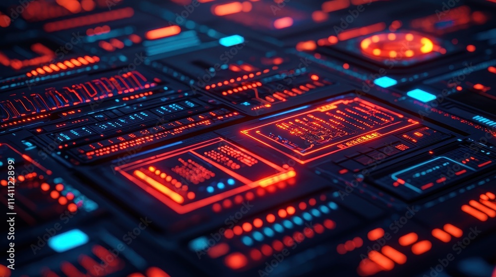 Poster futuristic digital interface with bright neon colors and patterns