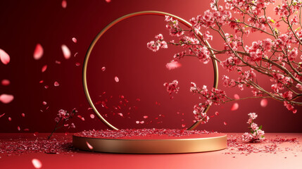 Red background petal e-commerce product exhibition booth