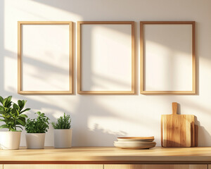 Modern kitchen interior with wooden frames potted plants and cutting boards